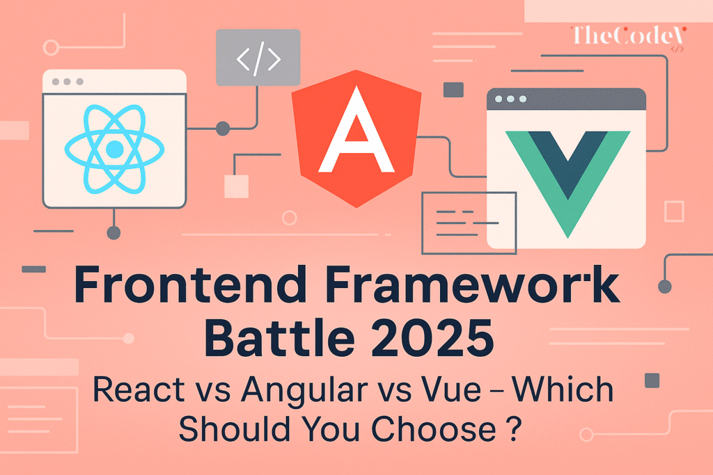 Frontend Framework Battle 2025 comparison between React, Angular, and Vue for performance, scalability, and developer hiring trends