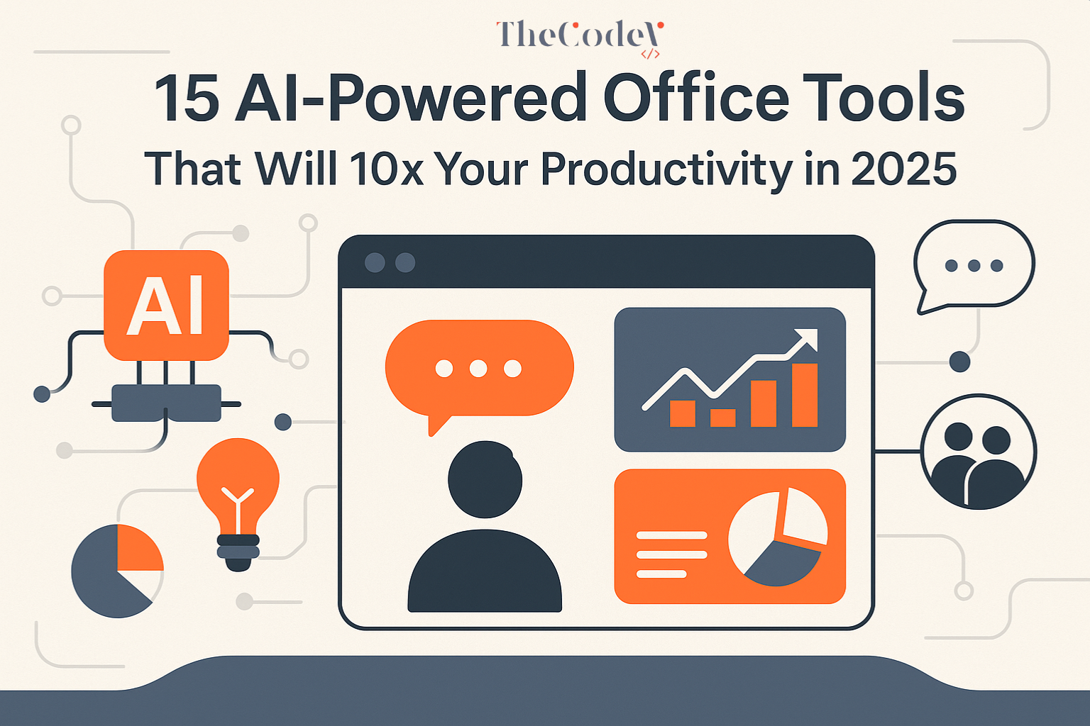 Illustration showing AI-Powered Office Tools with charts, dashboards, and collaboration icons symbolising productivity in 2025.