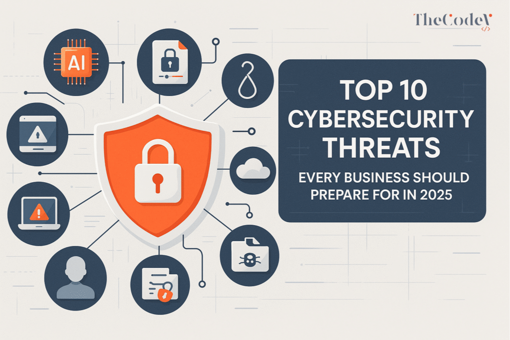Illustration showing the Top 10 Cybersecurity Threats Every Business Should Prepare for in 2025, including AI attacks, ransomware, phishing, and cloud risks