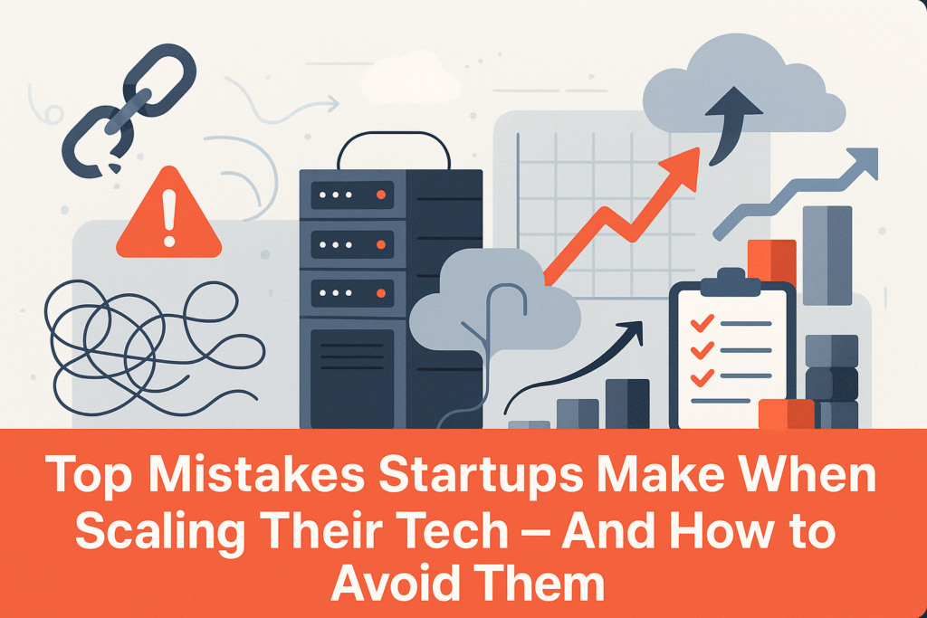 Featured image for blog Top Mistakes Startups Make When Scaling Their Tech – And How to Avoid Them showing startup scaling mistakes tech, growth challenges, and solutions.