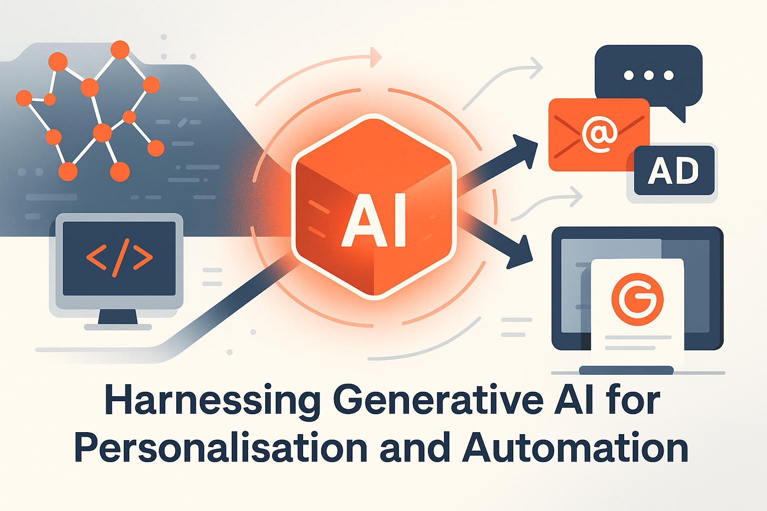 Featured Image for blog Harnessing Generative AI for Personalisation and Automation showing AI-powered automation, personalisation, and startup scalability.