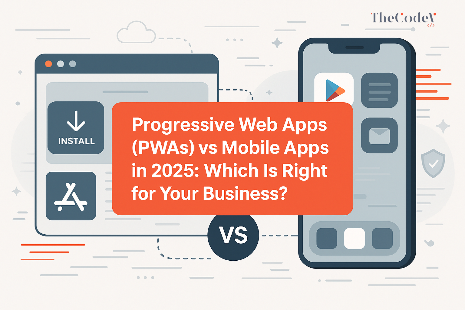 Featured image showing Progressive Web Apps vs Mobile Apps in 2025 with abstract smartphone, browser, and digital icons in modern flat illustration style.