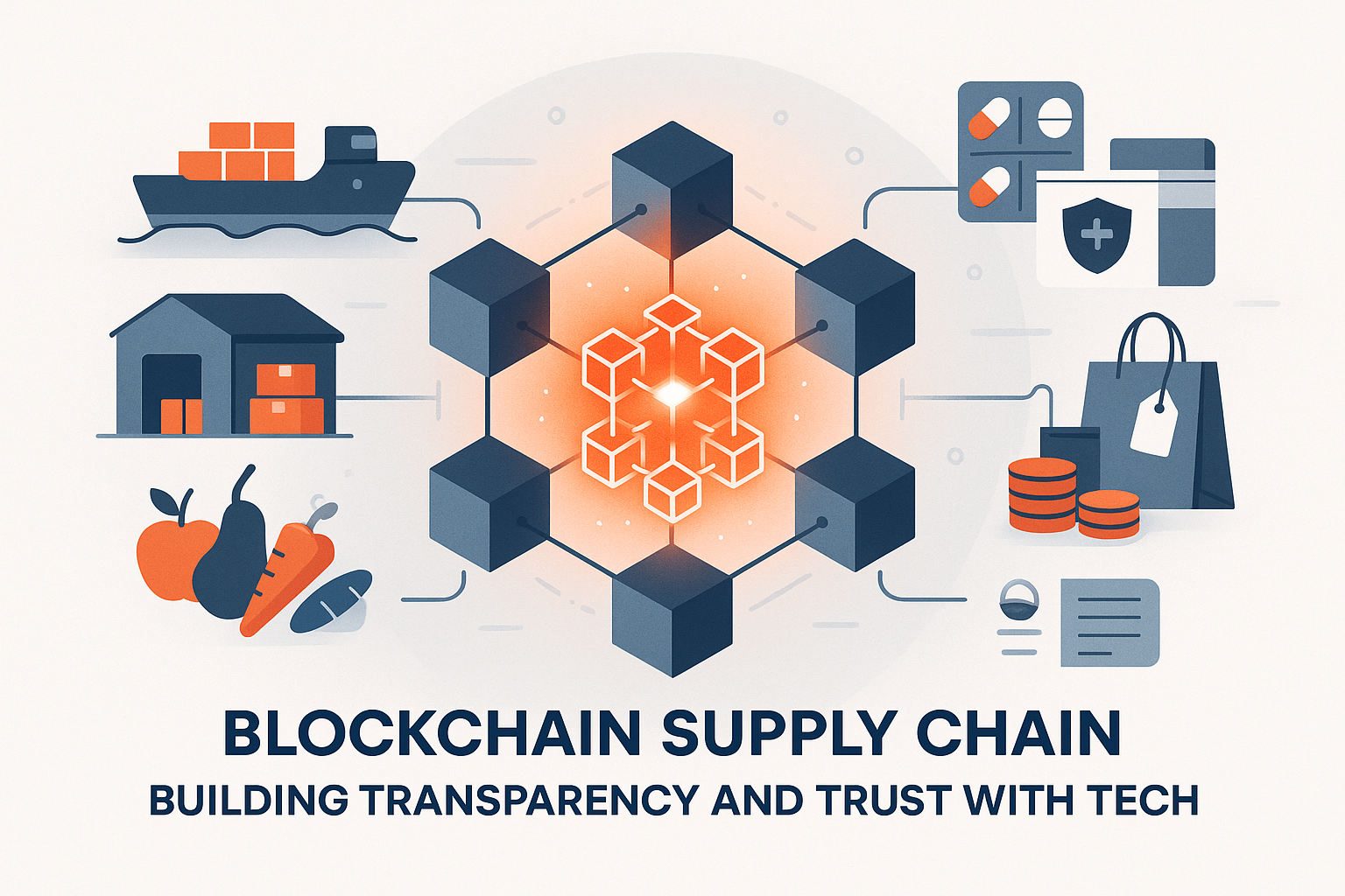 Illustration of blockchain supply chain transparency with global logistics, food traceability, and pharma security icons