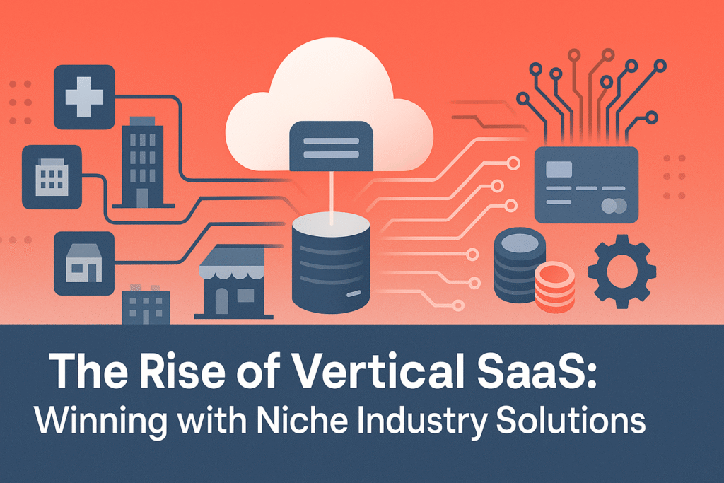 Modern illustration showing the rise of vertical SaaS platforms, AI automation, and embedded finance transforming industry-specific software in 2025