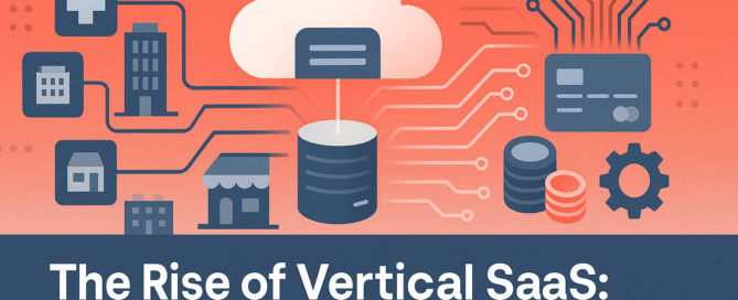 Modern illustration showing the rise of vertical SaaS platforms, AI automation, and embedded finance transforming industry-specific software in 2025