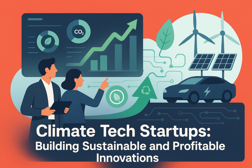 Illustration showing climate tech startups analysing renewable energy data, AI-driven dashboards, and sustainable innovation for green business growth