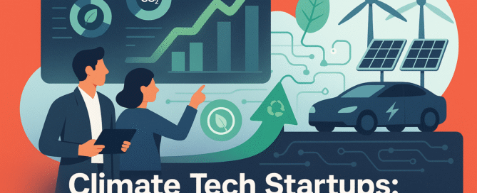 Illustration showing climate tech startups analysing renewable energy data, AI-driven dashboards, and sustainable innovation for green business growth
