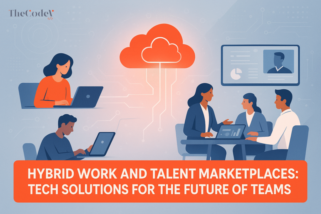 Illustration of hybrid work teams using digital technology and AI tools to collaborate globally