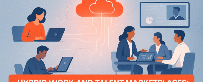 Illustration of hybrid work teams using digital technology and AI tools to collaborate globally