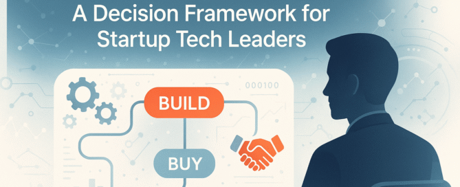Illustration of startup tech leaders analysing the build vs buy framework decision model — showing interconnected pathways for build, buy, and partner strategies with digital dashboards and innovation symbols.