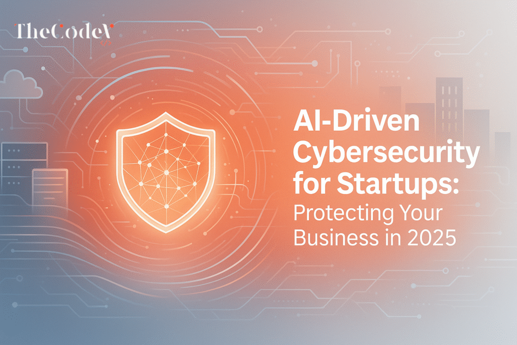 AI cybersecurity illustration showing advanced digital defence systems, data analytics, and machine learning protecting UK startups in 2025
