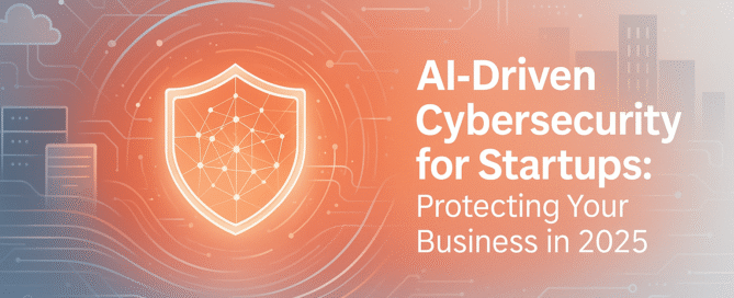 AI cybersecurity illustration showing advanced digital defence systems, data analytics, and machine learning protecting UK startups in 2025