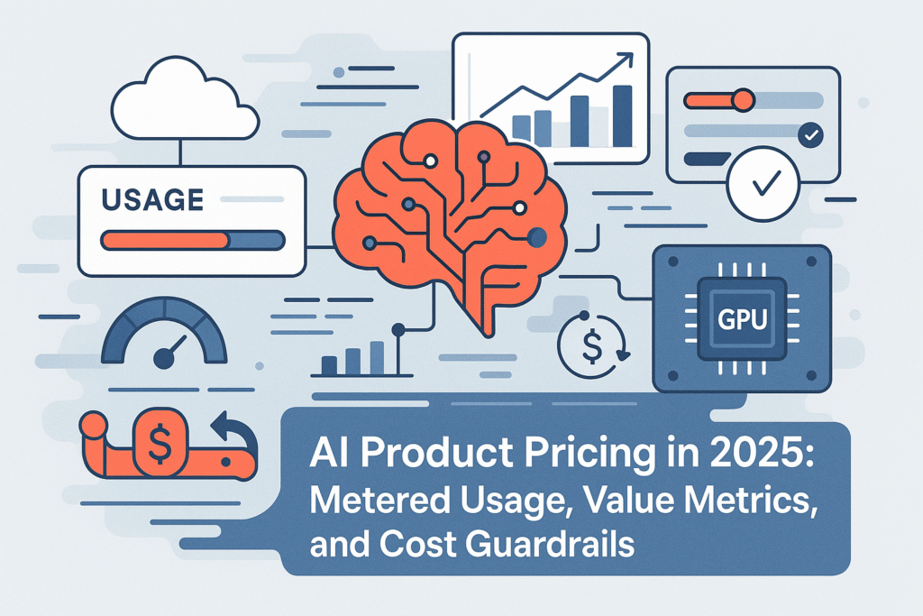 Featured image illustrating an AI product pricing strategy for 2025 with metered usage, value metrics, pricing dashboards, and cost guardrails in a modern tech visual.