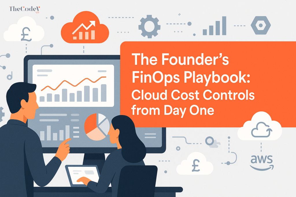 FinOps for startups – digital illustration showing cloud cost optimisation dashboard, financial analytics, and team collaboration for The Founder’s FinOps Playbook by TheCodeV