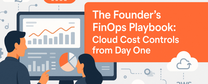 FinOps for startups – digital illustration showing cloud cost optimisation dashboard, financial analytics, and team collaboration for The Founder’s FinOps Playbook by TheCodeV