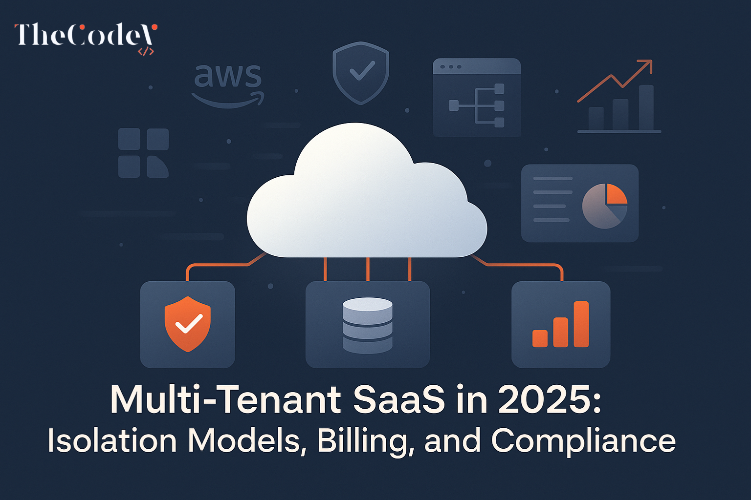 Illustration of multi-tenant SaaS architecture showing isolated cloud tenants, secure data layers, and billing systems — representing scalability and compliance in 2025