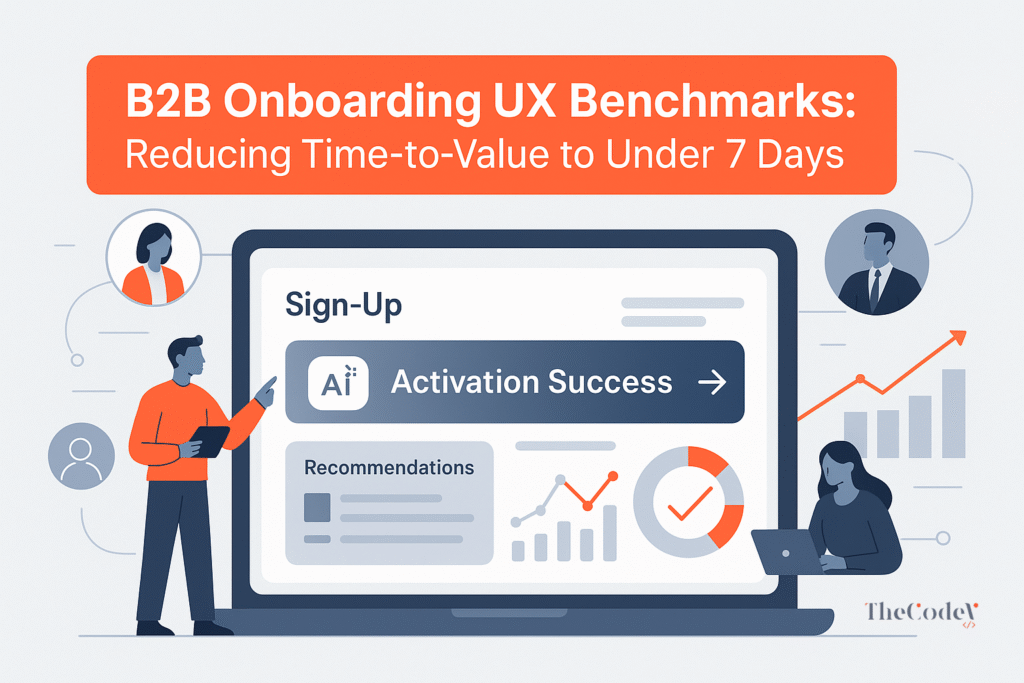 Illustration showing B2B onboarding UX best practices — seamless SaaS setup reducing time-to-value under 7 days