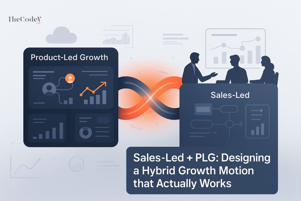 Illustration showing hybrid SaaS growth model — Sales-Led and PLG for B2B startups with digital analytics and onboarding flow
