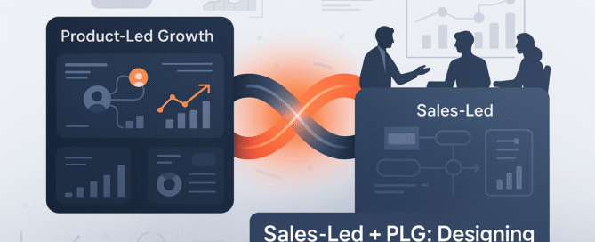 Illustration showing hybrid SaaS growth model — Sales-Led and PLG for B2B startups with digital analytics and onboarding flow