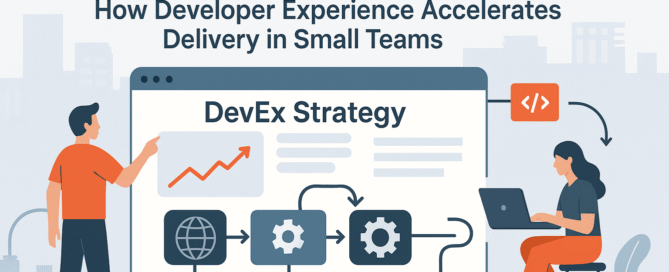 Featured image showing developer experience strategy with workflow optimisation, automation, internal developer platforms, and UK engineering teams in a 16:9 layout.
