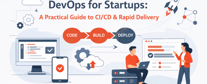 Illustration showing devops for startups with CI/CD pipelines supporting fast, reliable software delivery for growing teams