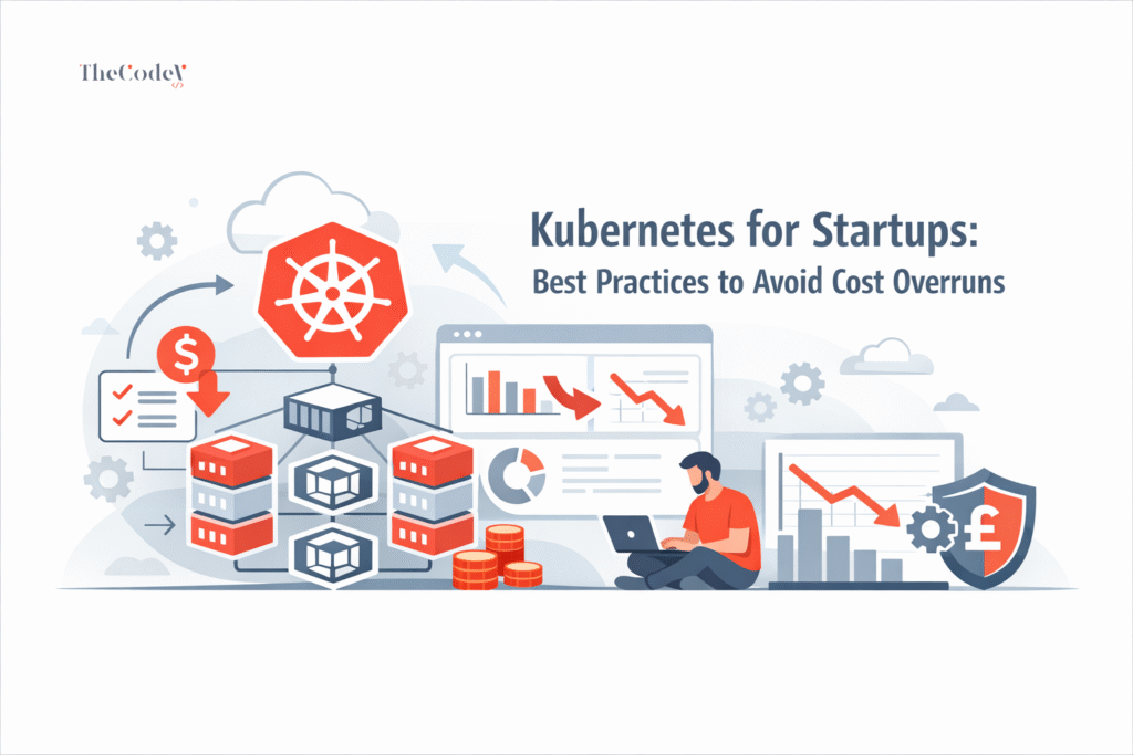Diagram showing kubernetes for startups with controlled clusters, pods, and cost-aware architecture design