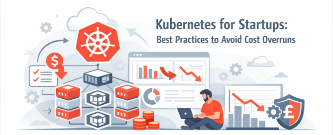 Diagram showing kubernetes for startups with controlled clusters, pods, and cost-aware architecture design