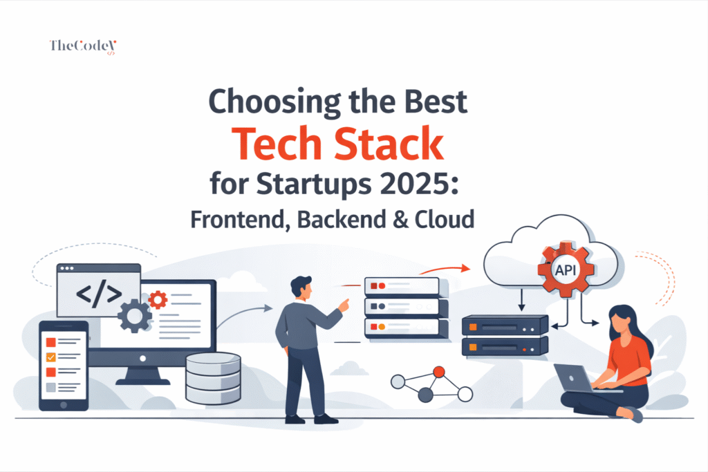 Modern startup development team choosing the best tech stack for startups 2025 with frontend, backend, and cloud technologies