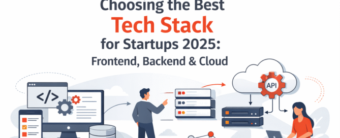 Modern startup development team choosing the best tech stack for startups 2025 with frontend, backend, and cloud technologies