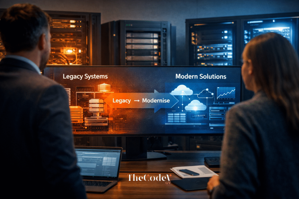 Enterprise IT environment showing legacy infrastructure evolving into modern cloud systems, illustrating legacy system modernization.
