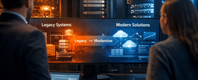 Enterprise IT environment showing legacy infrastructure evolving into modern cloud systems, illustrating legacy system modernization.