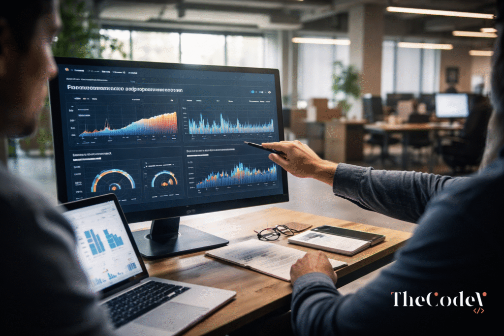 Dashboard showing web app performance optimization metrics and Core Web Vitals analytics on a modern development setup