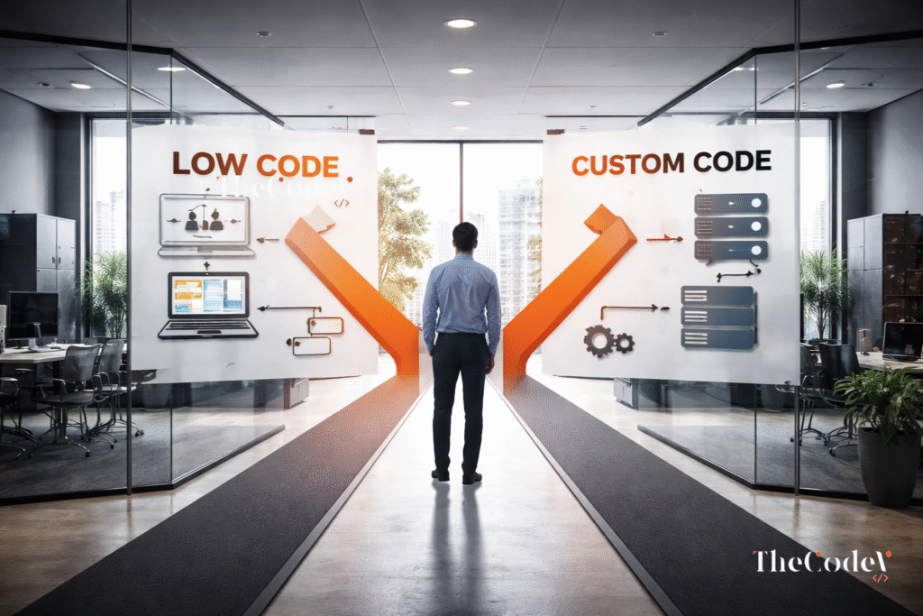 Strategic diagram comparing low code vs custom development in a UK startup architecture context