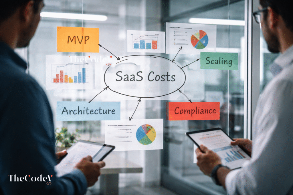 Diagram showing cost layers behind saas development cost uk including MVP, architecture, compliance and scaling
