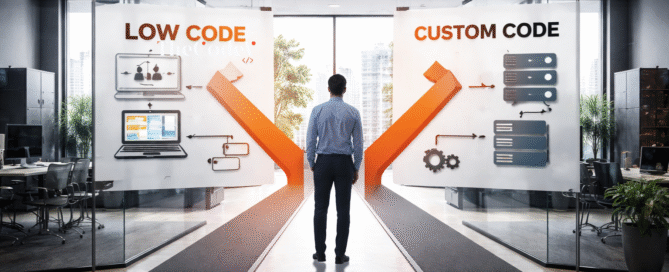 Strategic diagram comparing low code vs custom development in a UK startup architecture context