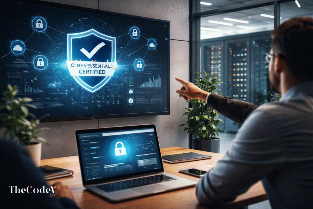 Startup cybersecurity dashboard illustrating cyber essentials certification compliance and infrastructure protection