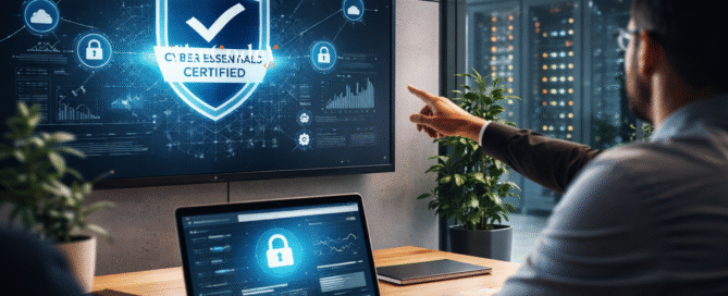 Startup cybersecurity dashboard illustrating cyber essentials certification compliance and infrastructure protection