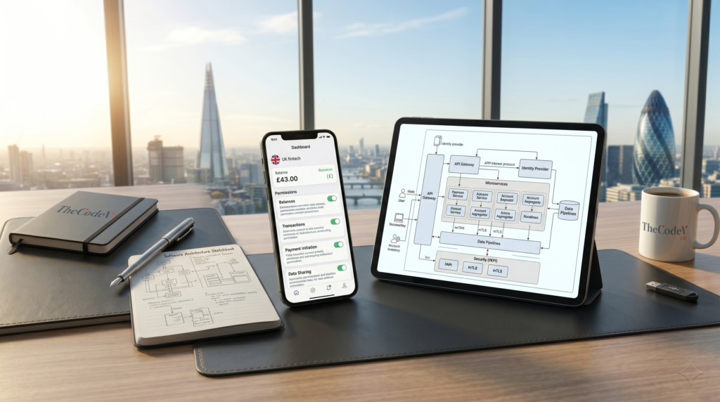 Conceptual illustration of secure financial data connections representing UK open banking app development and API integration.