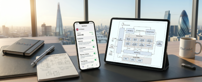 Conceptual illustration of secure financial data connections representing UK open banking app development and API integration.