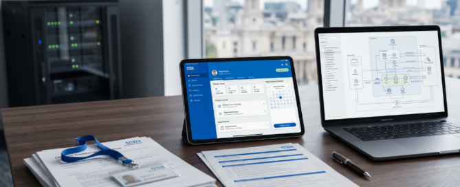 Digital dashboard displaying secure patient data flows representing NHS app development architecture and connectivity.