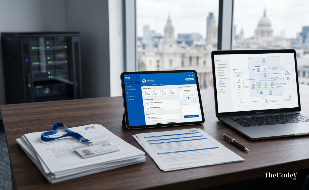 Digital dashboard displaying secure patient data flows representing NHS app development architecture and connectivity.