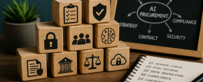 Wooden blocks with security and compliance icons beside a vendor checklist, illustrating AI procurement risk for UK SMEs.