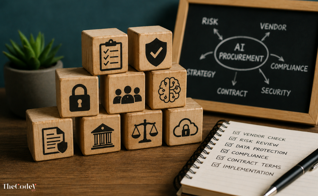 Wooden blocks with security and compliance icons beside a vendor checklist, illustrating AI procurement risk for UK SMEs.