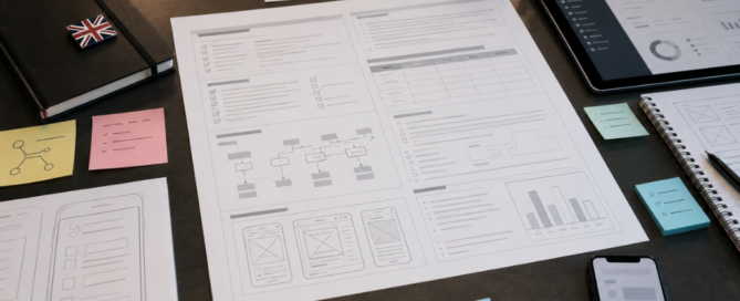 Realistic workspace scene showing a product requirements document layout, wireframes, and planning materials for startup software development.