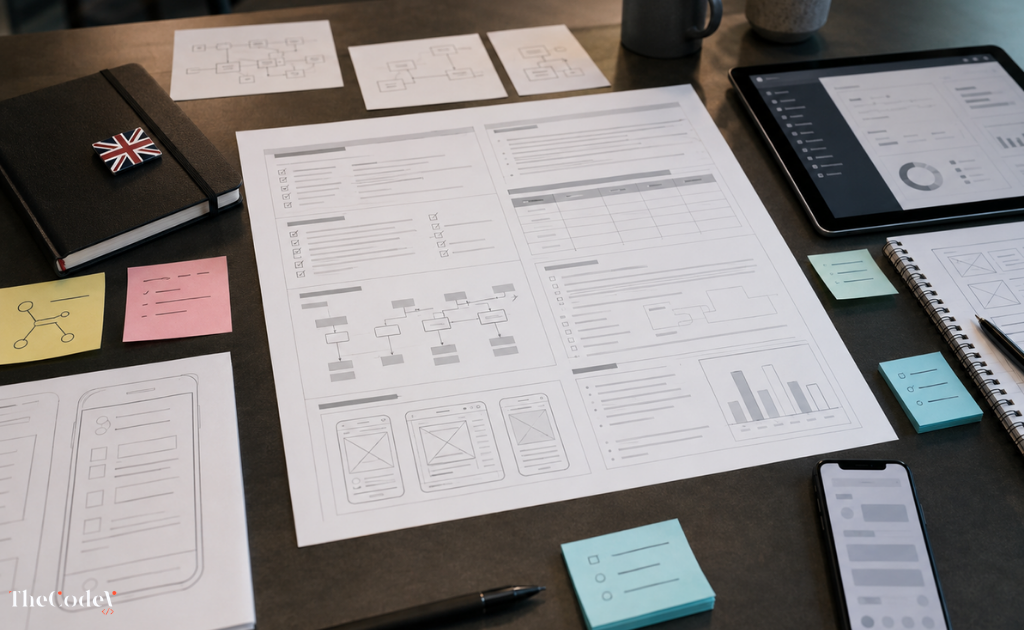 Realistic workspace scene showing a product requirements document layout, wireframes, and planning materials for startup software development.
